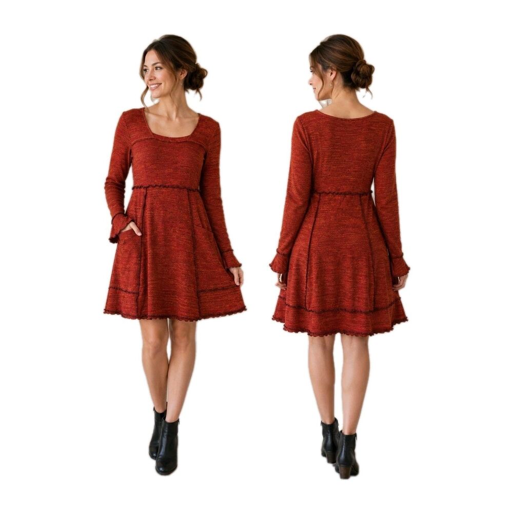 Hand Jive Rust Knit Dress Bell Sleeve Pocket A-Line Boho Artsy Womens L EUC